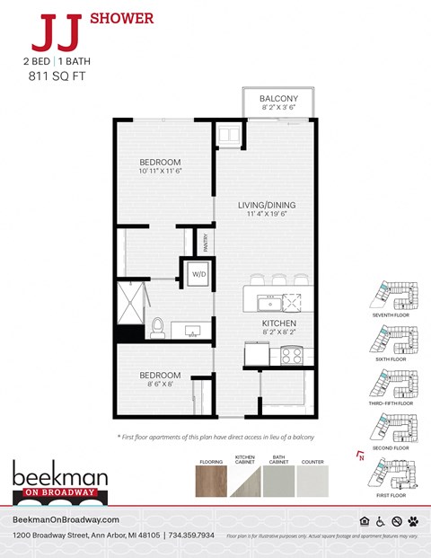 Floor plan for 2 beds, 1 bath, 811 sqft